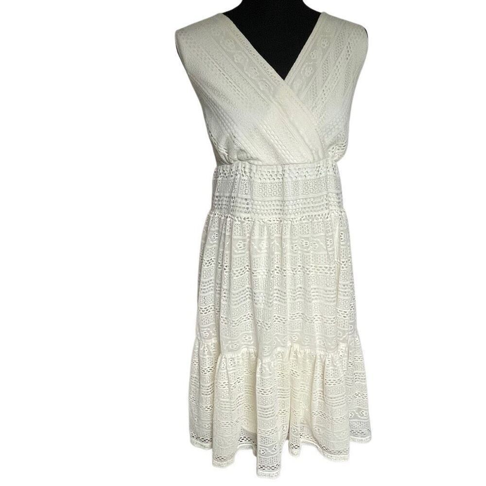 Style & Co Cream Lace Sleeveless Wrap Top Tiered Tea Dress N0471